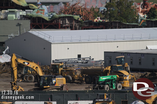 The backstage building looks to be complete, notice the fall protection rails on the roof.