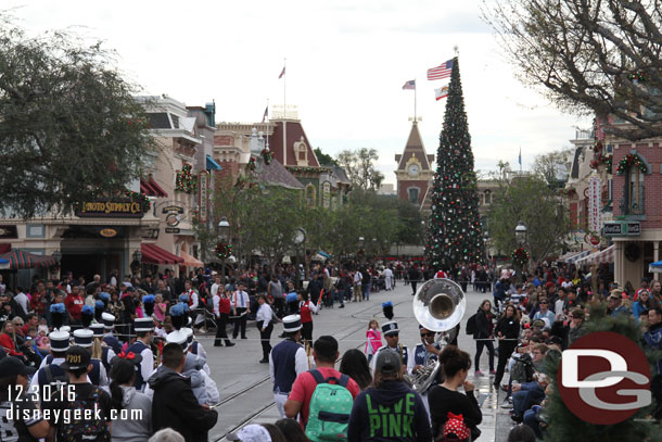 The Disneyland Band making its way onto Main Street to perform a pre-parade set.