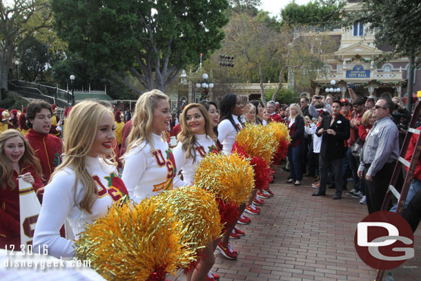 The USC Song Girls waiting for the band to re-arrange itself.