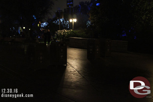 A little dark, but there were three trashcans out in the middle of the walkway.  Guessing for fireworks crowd control but right now it just seemed weird out in the dark.