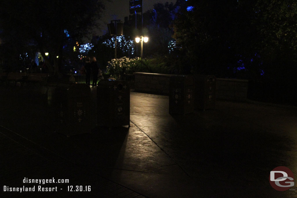 A little dark, but there were three trashcans out in the middle of the walkway.  Guessing for fireworks crowd control but right now it just seemed weird out in the dark.