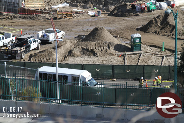 A bus on the new perimeter road as crews continue to work on it.