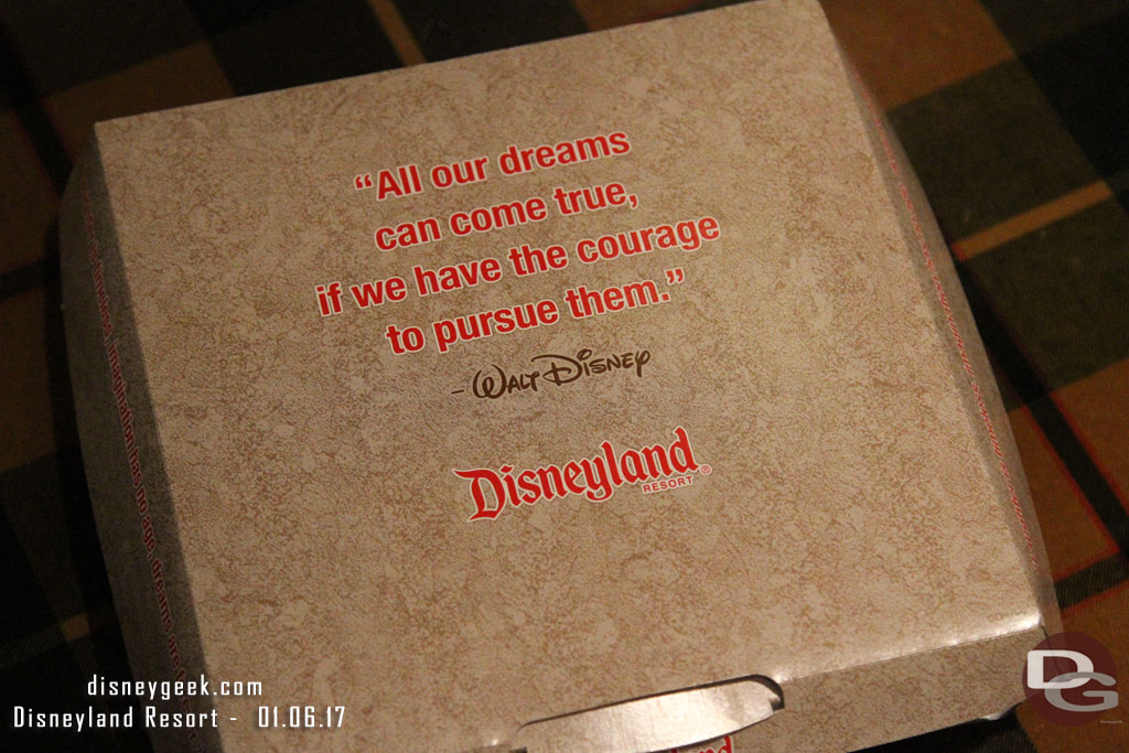 Current pizza box at White Water snacks features a couple quotes from Walt.