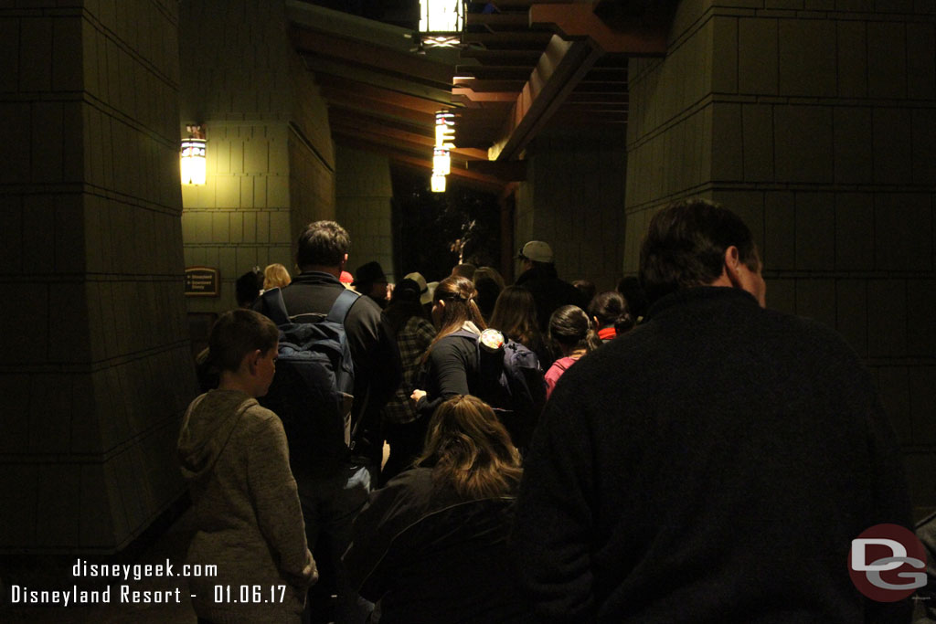 A backup at the security checkpoint to enter Downtown Disney.  It moved really quickly.  Seems they just opened a second queue.  Also they switched to random secondary screening vs everyone.