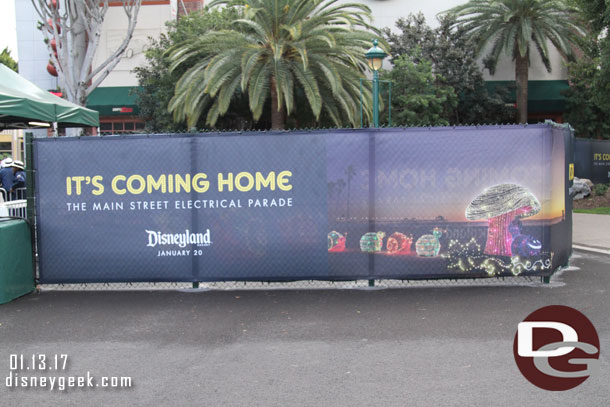 The fencing has ads for the return of the Main Street Electrical Parade next week.