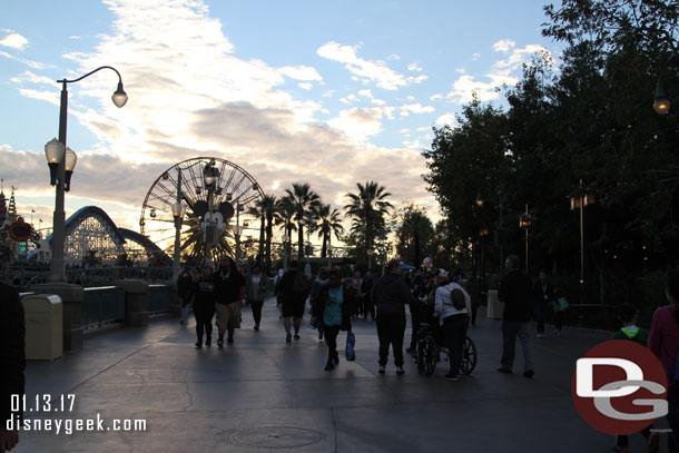 Heading toward Paradise Pier as the sun is setting.