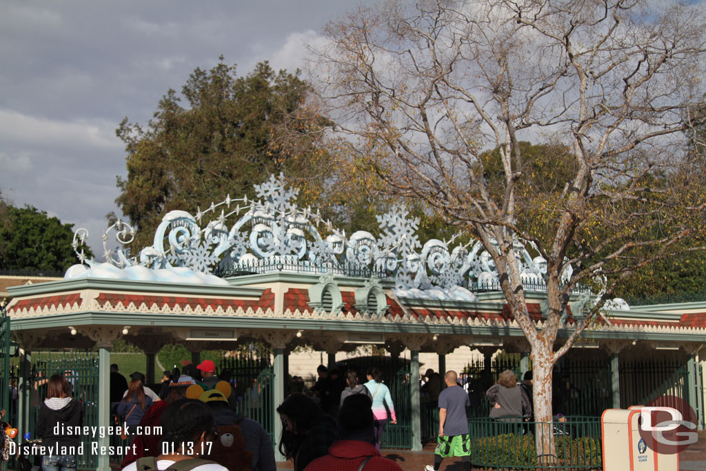 The entrance of Disneyland still has the ice/snow decorations.