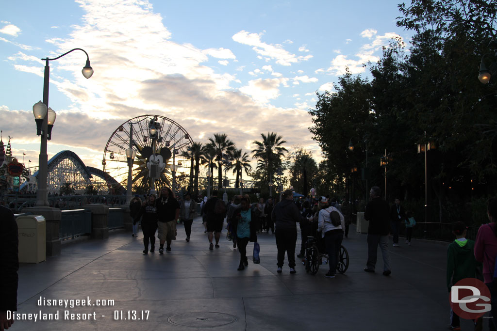 Heading toward Paradise Pier as the sun is setting.