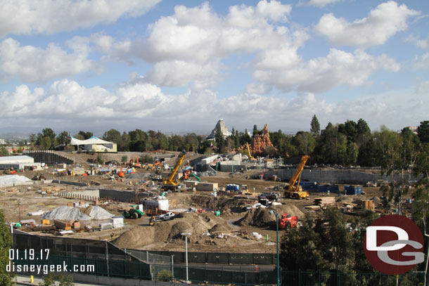 An overview of the Star Wars construction site from the Mickey and Friends Parking Structure