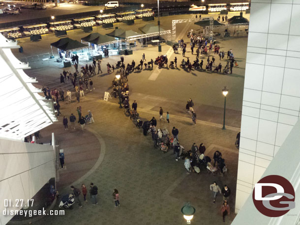 A long line for the elevators at the Mickey and Friends parking structure this evening.