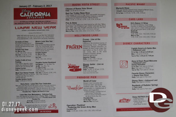 The current time schedule features DCA on one side and Disneyland on the other.