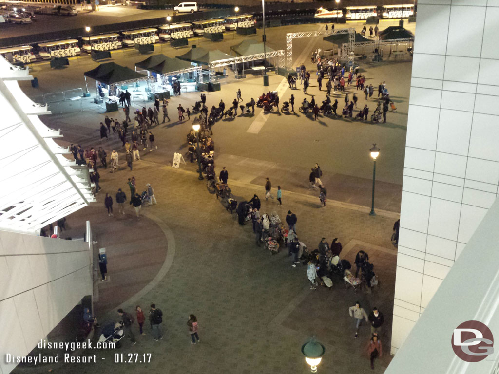 A long line for the elevators at the Mickey and Friends parking structure this evening.