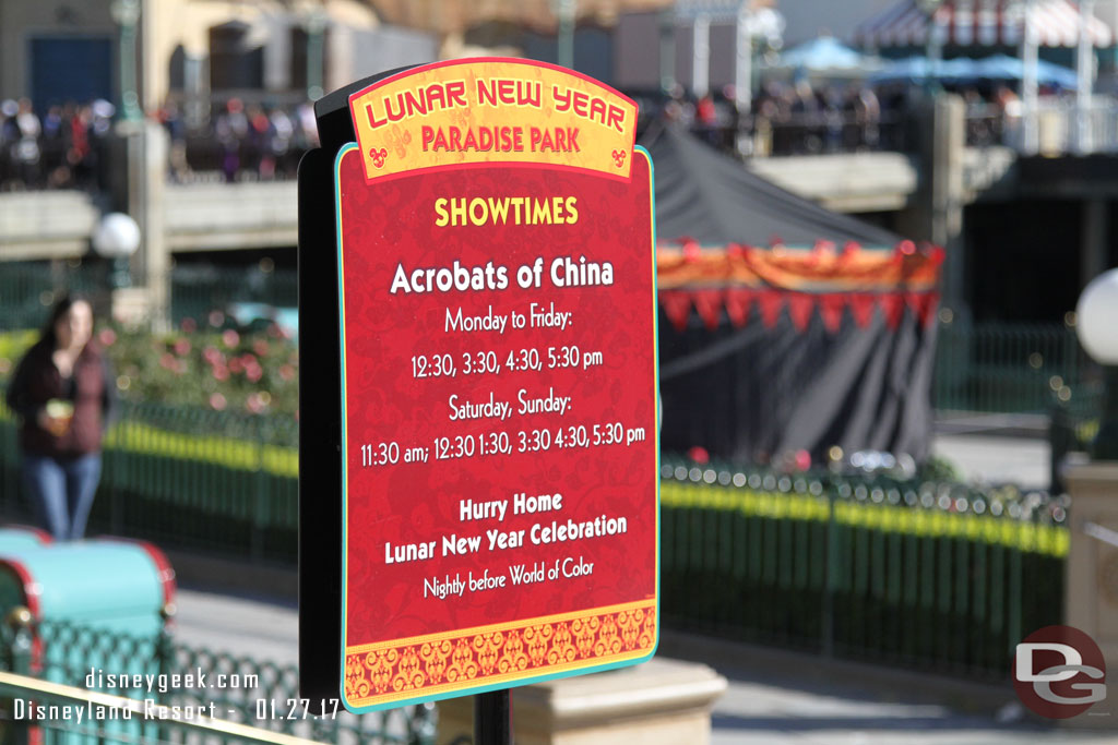 The Acrobats of China perform several times a day in Paradise Park.  I will stop back later.