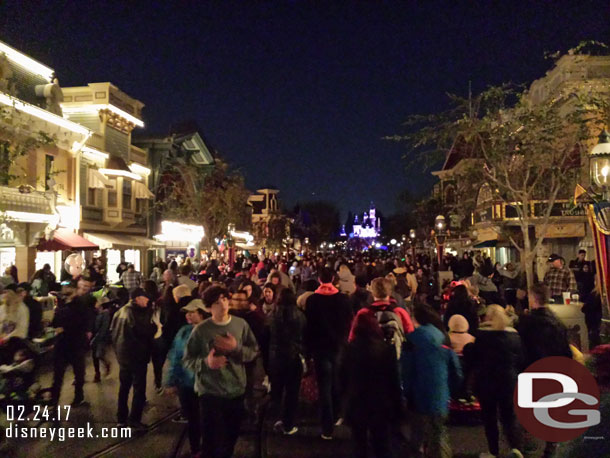 Main Street at 6:30pm.  Notice a good portion of the lights on the right and further down the block are off.  They popped back on as I reached the end of the block.