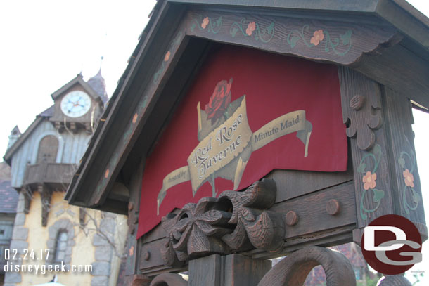 The Red Rose Taverne officially opened today in Fantasyland.  This temporary overlay of Beauty and the Beast to the Village Haus.
