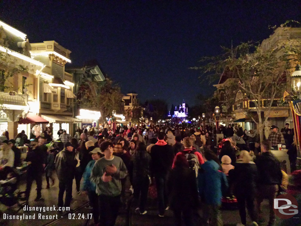 Main Street at 6:30pm.  Notice a good portion of the lights on the right and further down the block are off.  They popped back on as I reached the end of the block.