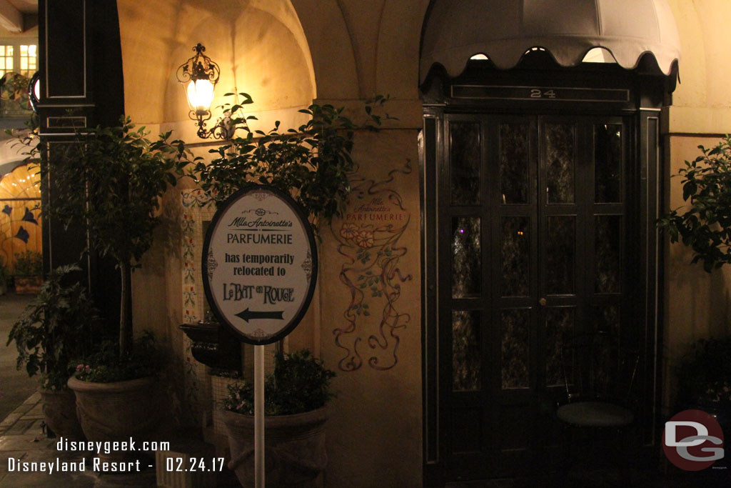 In New Orleans Square Mlle Antoinettes is closed for some work.