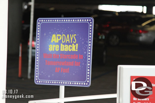 An AP Days sign still lingering in the parking structure.