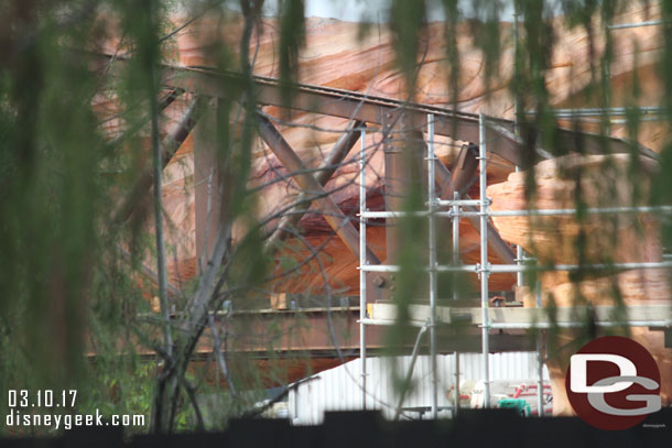 A closer look at the trestle and rocks. Beyond you can see through the tunnel backstage right now (until the buildings go up)