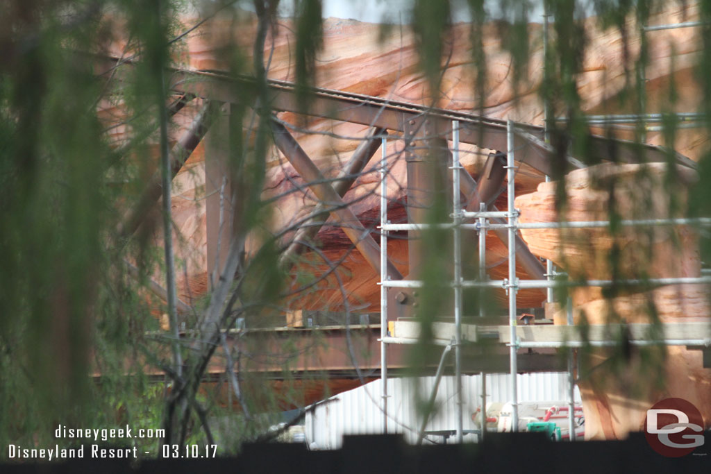 A closer look at the trestle and rocks. Beyond you can see through the tunnel backstage right now (until the buildings go up)