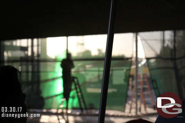 Working on the fence of the new gate.  I was on the wrong side of a full tram.