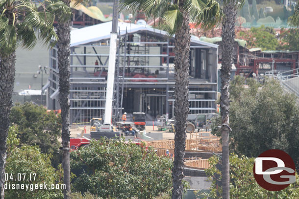 In the foreground you can just barely make out the forms for the foundation work of the second attraction building for Star Wars Land. This past week some news helicopter footage showing the site showed a the extensive foundation work. 