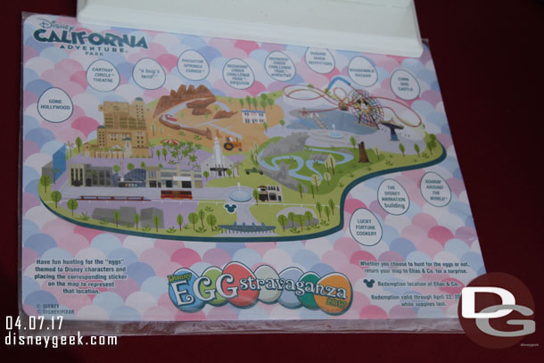 A look at the DCA Map for this year.  The way it works is you purchase the map and get a set of stickers.  You are supposed to go around the park, find the eggs and identify which character is in each location by putting that sticker there.  Once completed you bring it to a redemption location and get your prize.