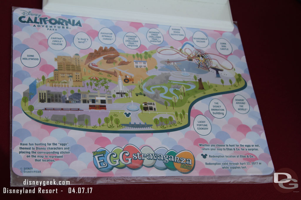 A look at the DCA Map for this year.  The way it works is you purchase the map and get a set of stickers.  You are supposed to go around the park, find the eggs and identify which character is in each location by putting that sticker there.  Once completed you bring it to a redemption location and get your prize.