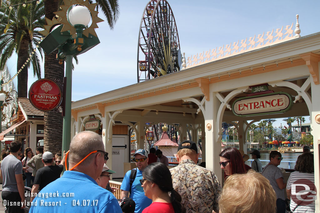 In line to pick up a Toy Story FastPass.  Surprised there is no sign indicating return times anywhere near the distribution point.  Guess that is the trend (same is true for Star Tours and Buzz over at Disneyland.. the signs are by the attraction and not the machines).