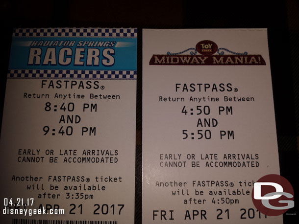 While eating dinner snapped a picture of my two current FastPasses.. a good collection considering I did not arrive until after 1pm.