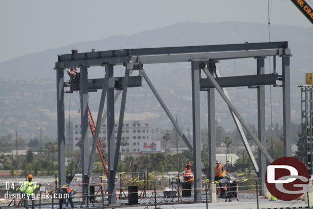 A closer look at the structures on the roof of the show building.