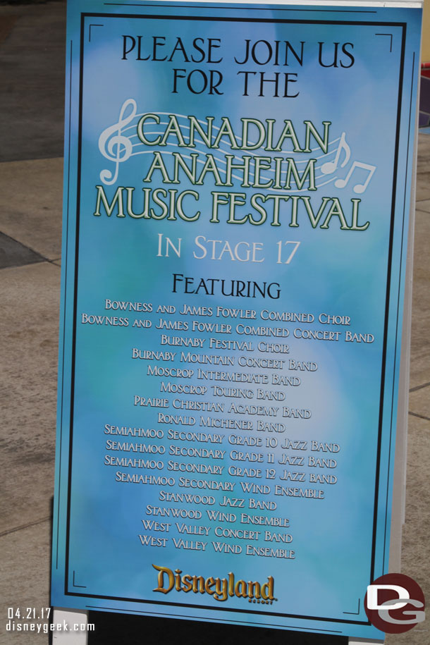 A Canadian Anaheim Music Festival taking place in Stage 17 today and Saturday.