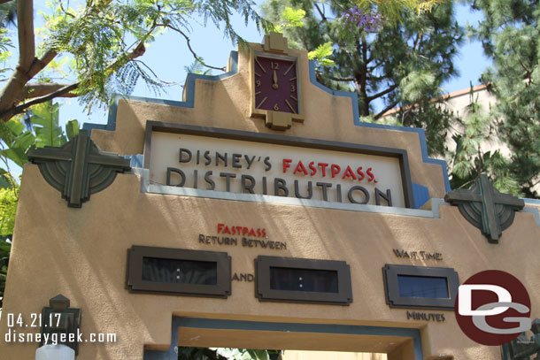 Nothing has changed at the FastPass distribution area across the street yet.  The closer is stopped at noon/midnight thought.. just noticed that.