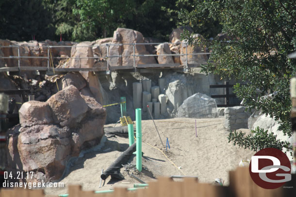 A closer look at the progress of the rock work along the Rivers of America.