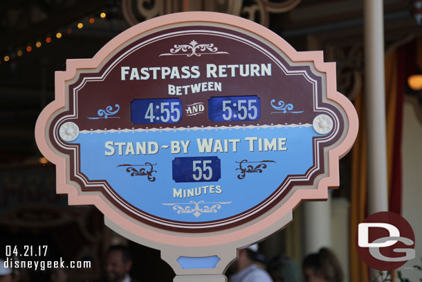 This afternoon the FastPass return windows actually started before the posted stand by wait time.  This was at 4:15pm.  So a 40 min wait for FastPass return turned out to be 15 minutes quicker than the posted Standby.