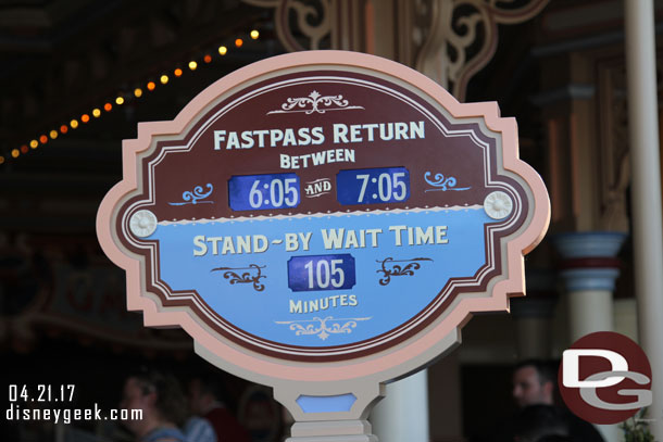 Returned to use my FastPass and at 5:24pm this was the posted wait time and return window.