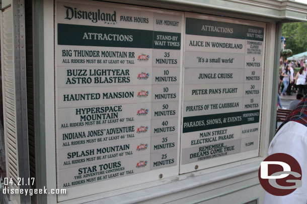 Disneyland wait times at 7:30pm