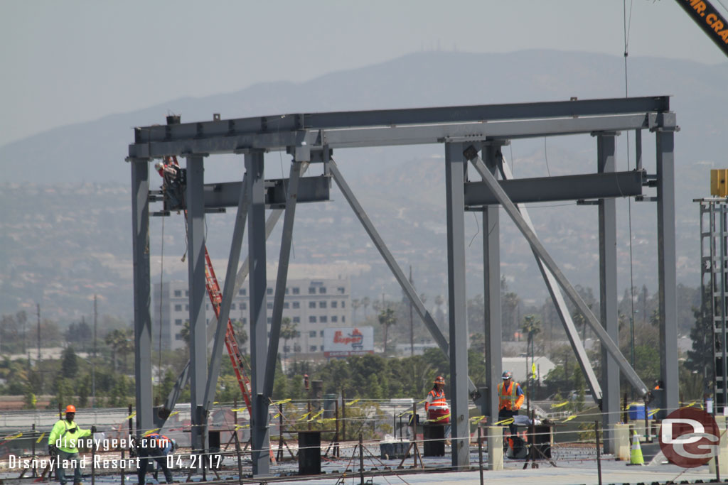 A closer look at the structures on the roof of the show building.