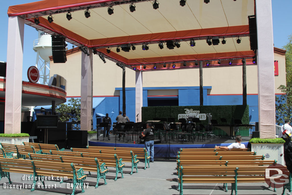 Setting up for a performing arts group on the new stage area.  They had a half dozen scheduled here today.