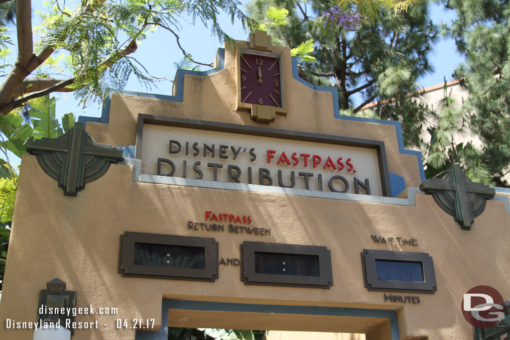 Nothing has changed at the FastPass distribution area across the street yet.  The closer is stopped at noon/midnight thought.. just noticed that.