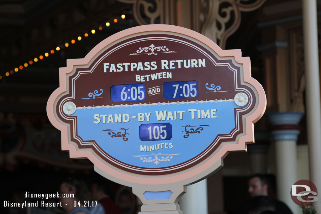 Returned to use my FastPass and at 5:24pm this was the posted wait time and return window.