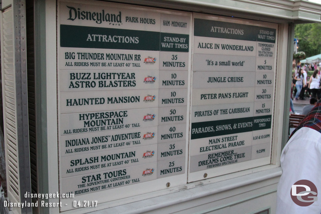 Disneyland wait times at 7:30pm