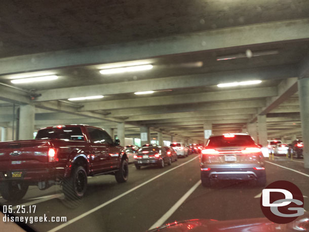 I arrived at the Mickey and Friends Parking structure and found traffic backed up in all lanes, it took almost 20 minutes from exiting the freeway until I was in a parking spot.