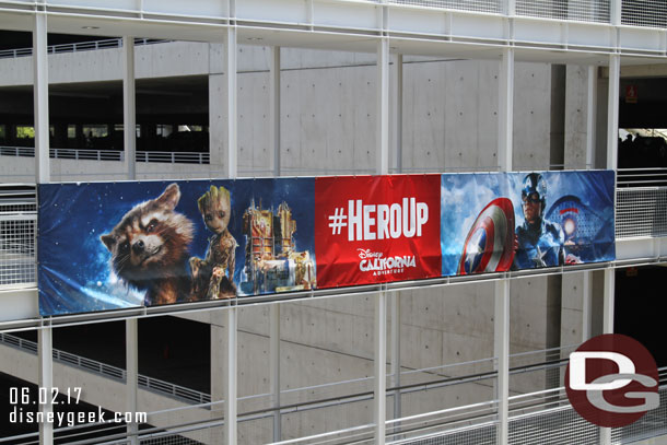 Hero Up banner on the exit ramp of the Mickey and Friends Parking Structure.