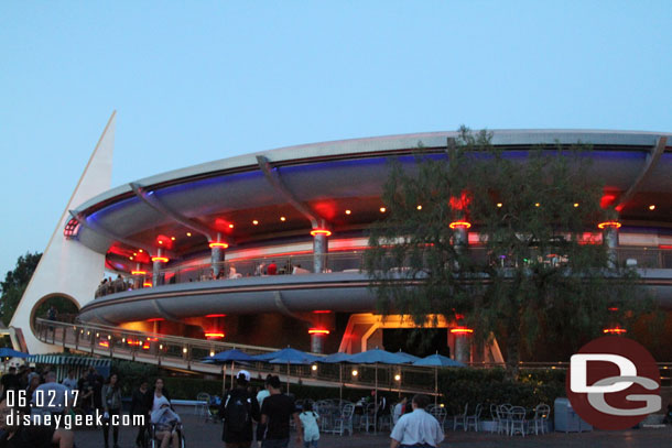 The Tomorrowland Skyline Lounge Experience was getting started this evening.  This is an add on where you get to visit the lounge (2nd floor balcony of the Launch Bay) and hang out. You get a dessert, drink, character photo, charging stations, games, and views of Tomorrowland and fireworks if they run.