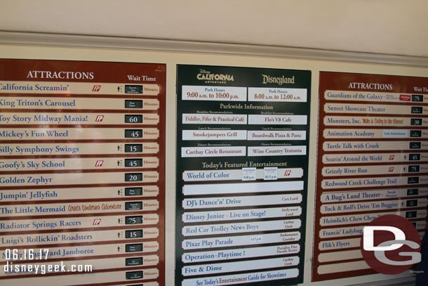 Wait times at 1:40pm.  A little hard to read but Guardians is at 75 min tying Grizzly River Run and Radiator Springs Racers for the longest posted waits.