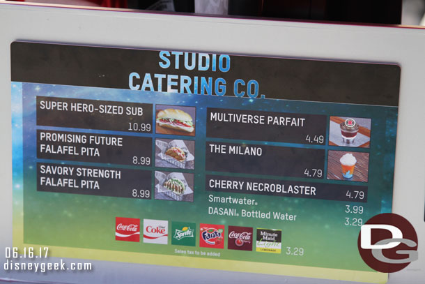 The Studio Catering Co menu.