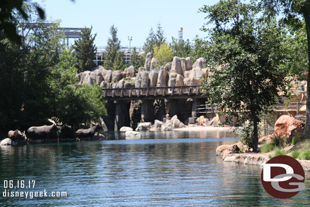 The big change is the new view as you head toward the back of the  island.  This is looking up river from the east (Frontierland) side.  You can see the new trestle for the Disneyland Railroad.