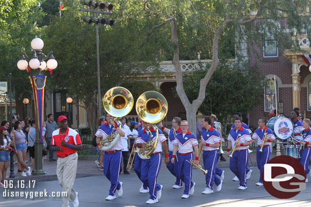 The All-American College Band arriving in Town Square for the 6:10pm Train Station Set.