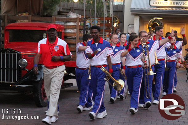 The College Band arriving for their final set of the day, 8:05pm at DCA.